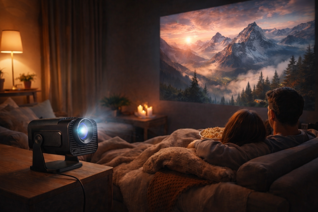 Lumora mini projector creating a home cinema experience in a cozy living room